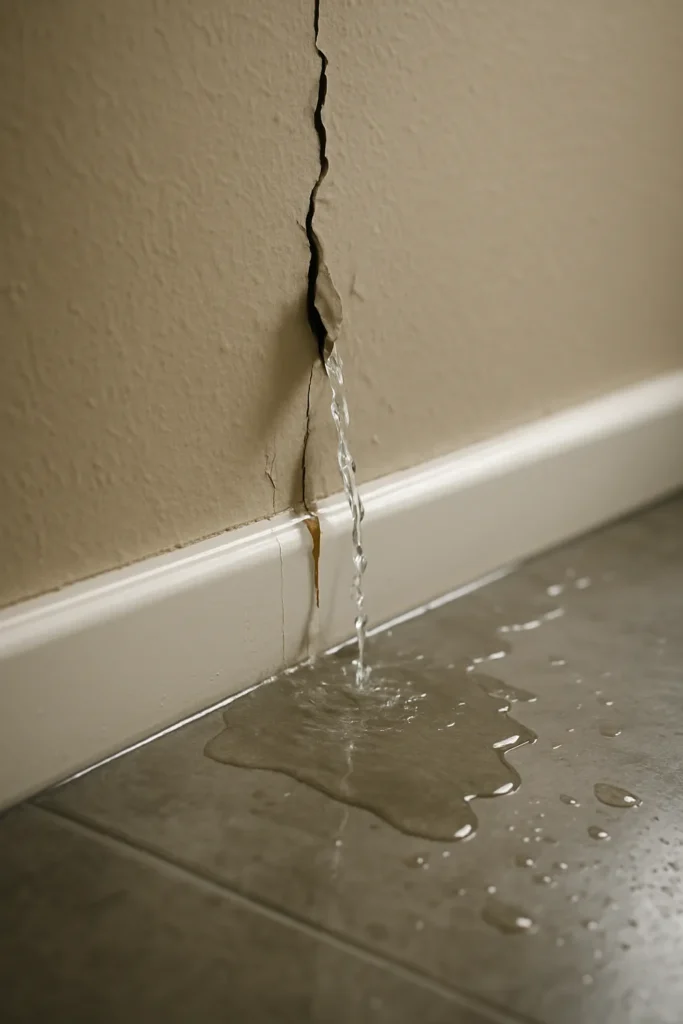 Ernstige lekkage langs een scheur in de muur, waarbij water over de vloer stroomt