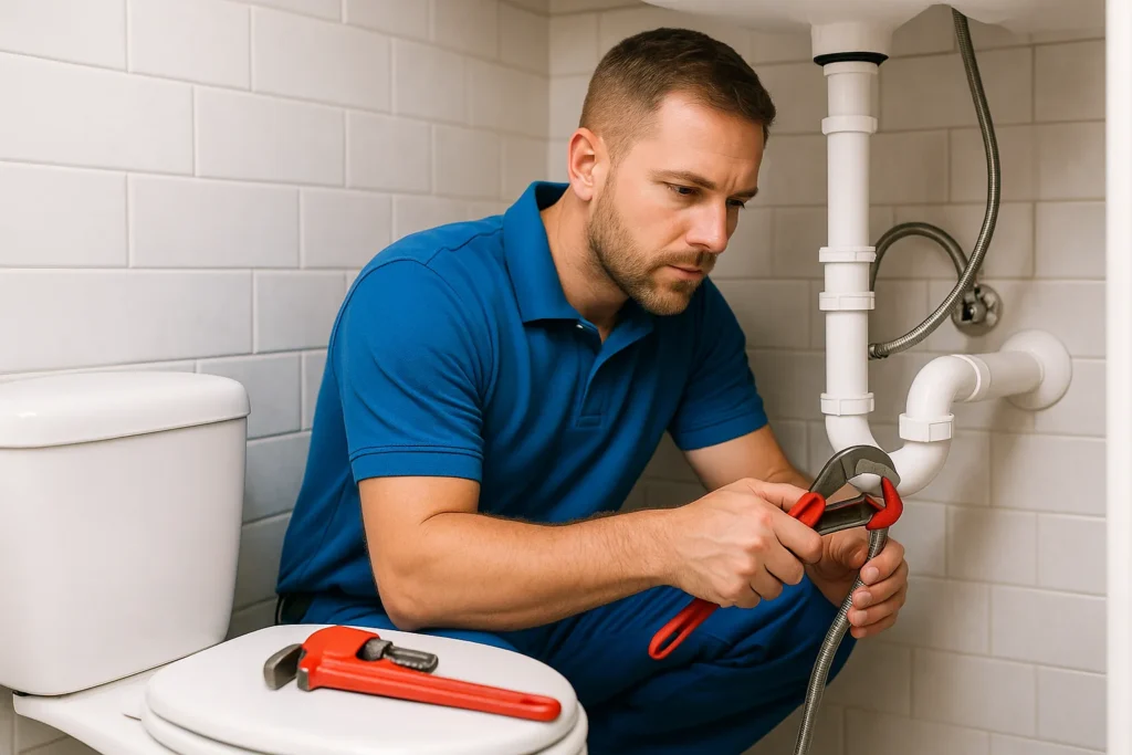 Loodgieter repareert leidingen onder wastafel in een nette badkamer