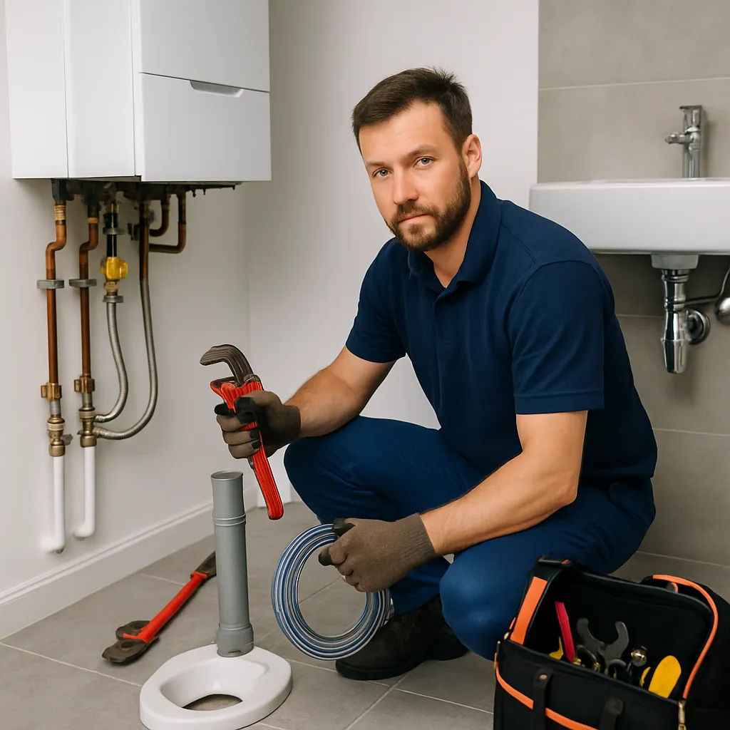 Loodgieter in blauwe werkkleding installeert leidingen in een moderne badkamer met cv-ketel en gereedschapstas.