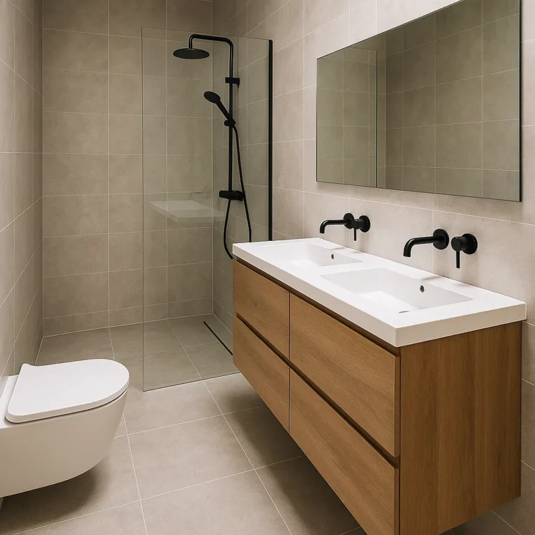Modern gerenoveerde badkamer met inloopdouche, dubbele wastafel en strakke afwerking