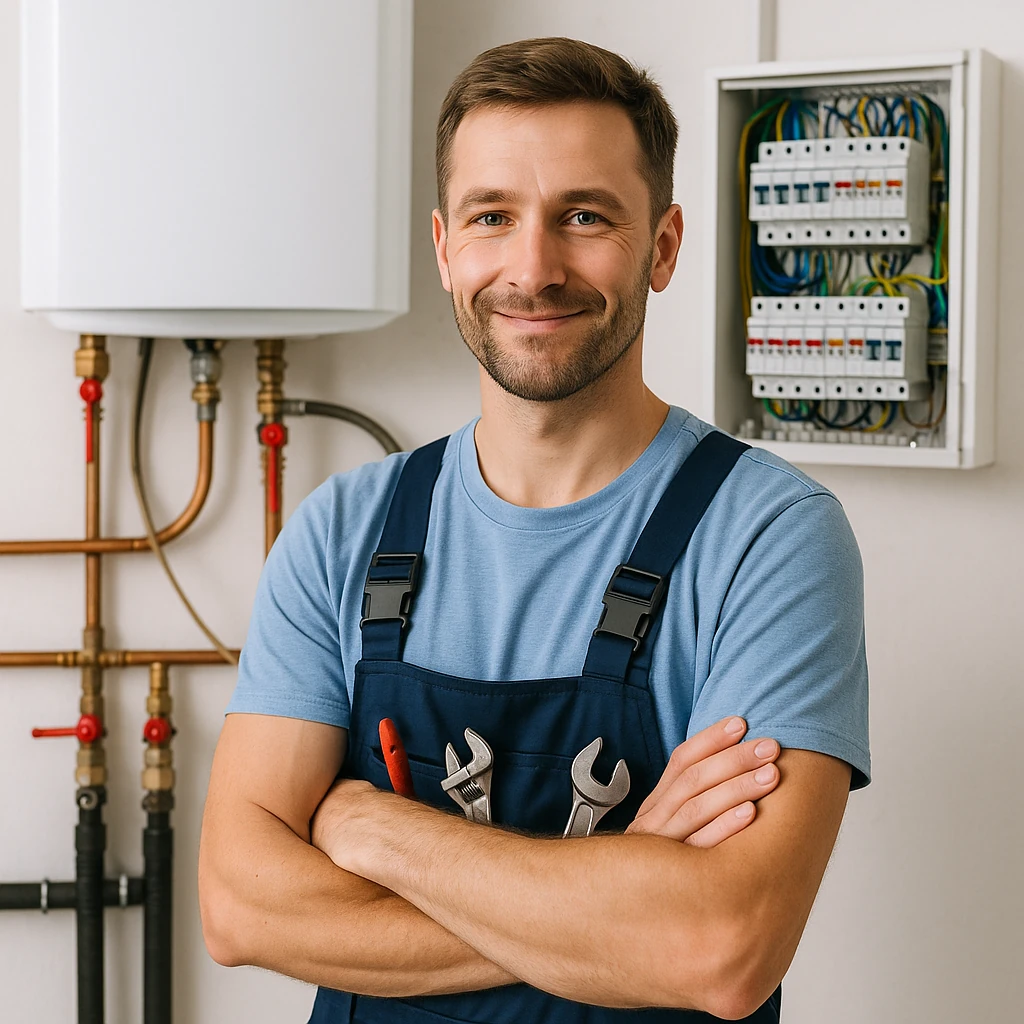 Een installatiemonteur in blauwe werkkleding staat met gekruiste armen voor een muur met leidingen, een boiler en een verdeelkast