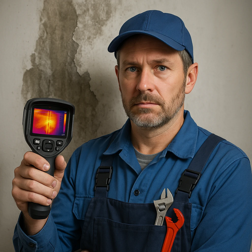 Een lekdetectiespecialist in blauwe werkkleding toont een warmtebeeldcamera voor een vochtige muur met duidelijke waterschade