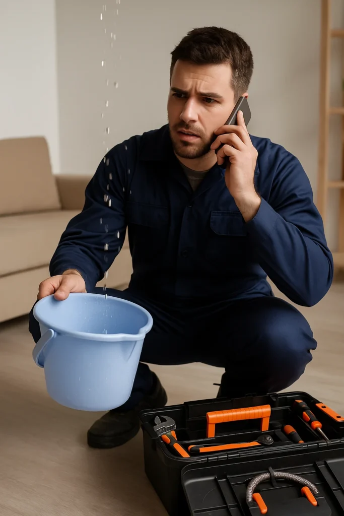 Een monteur vangt binnensijpelend water op met een emmer terwijl hij telefonisch hulp zoekt in een lichte woonkamer