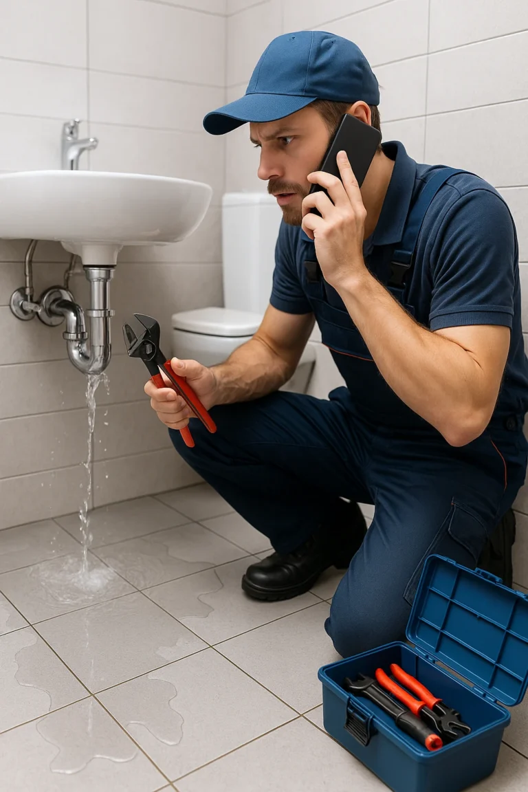 Een loodgieter in blauwe werkkleding repareert een lekkende afvoer onder een wastafel terwijl water op de badkamertegels stroomt