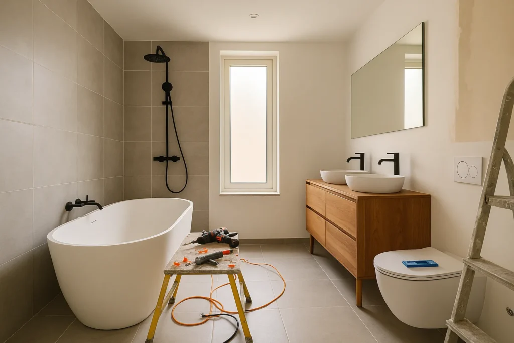 Moderne badkamer in renovatie met vrijstaand bad, houten meubel en gereedschap