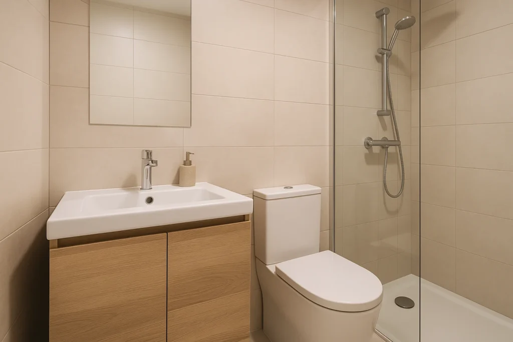 Gerenoveerde badkamer met moderne douche, wastafel en toilet in neutrale tinten