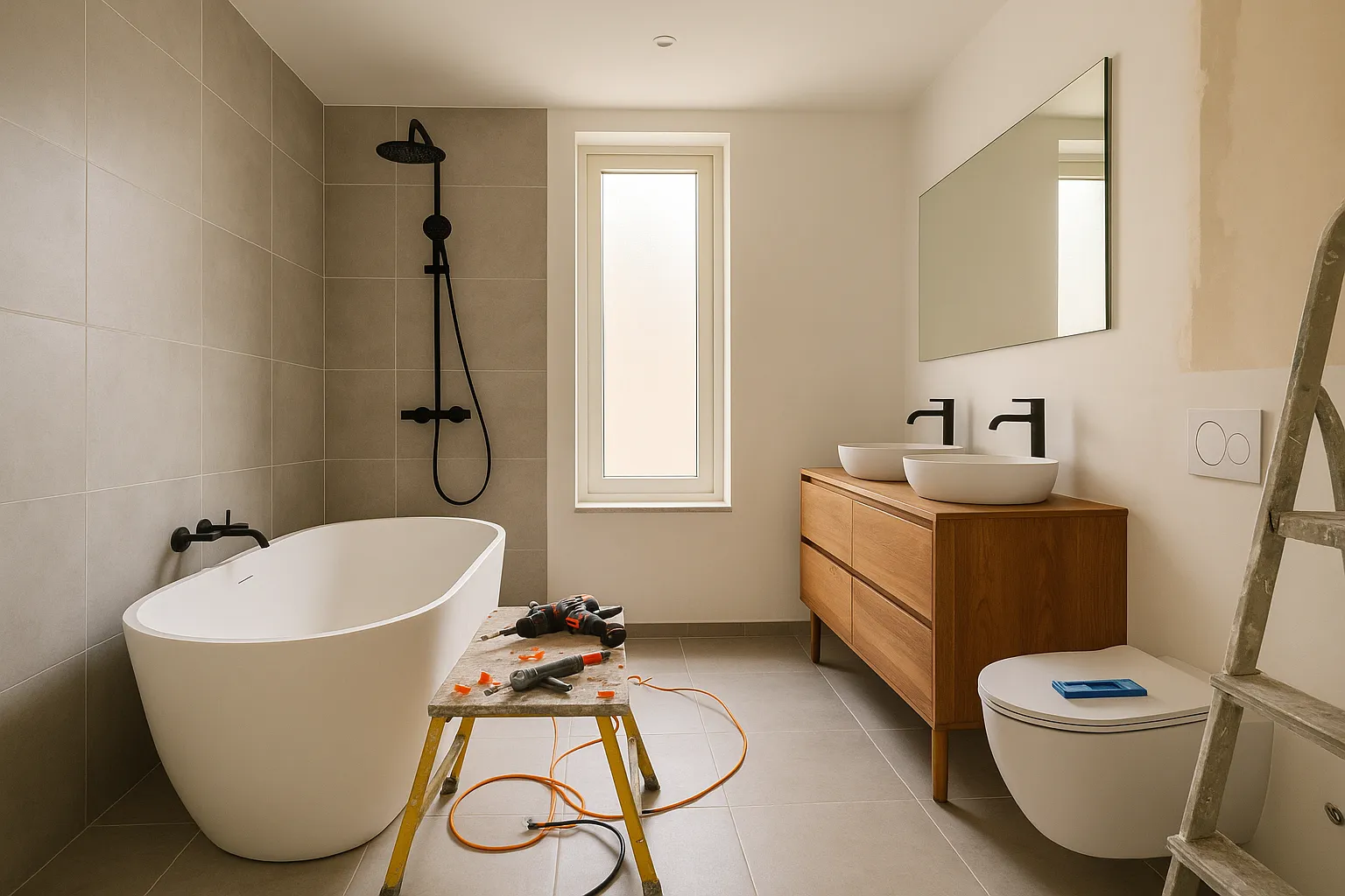 Moderne badkamer in renovatie met vrijstaand bad, houten meubel en gereedschap