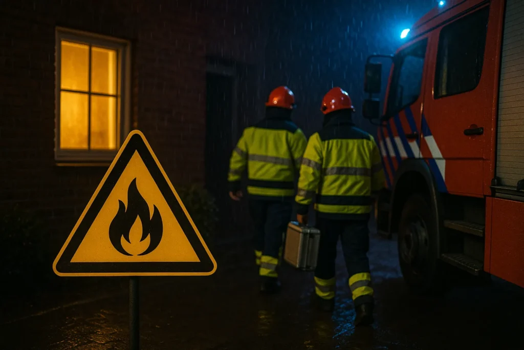 Nachtelijke noodsituatie bij een gaslek met brandweer en waarschuwingsbord.