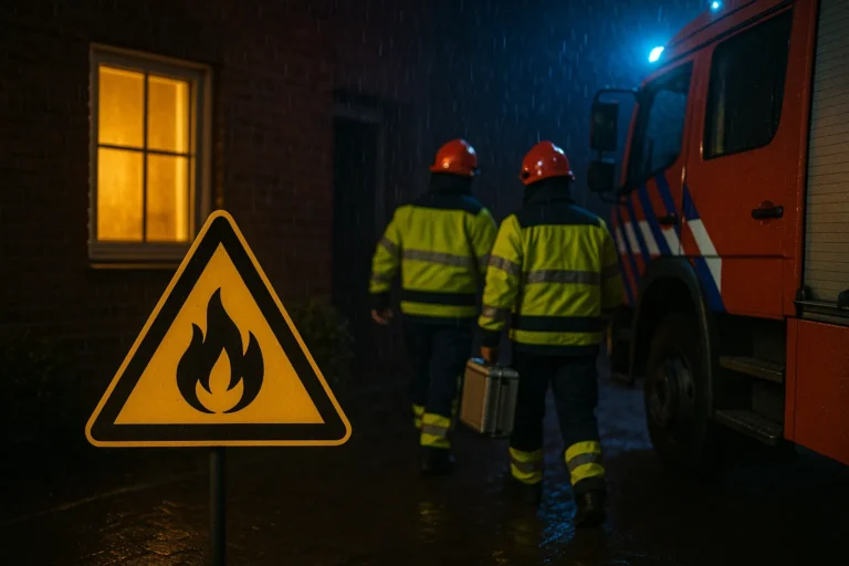 Nachtelijke noodsituatie bij een gaslek met brandweer en waarschuwingsbord.