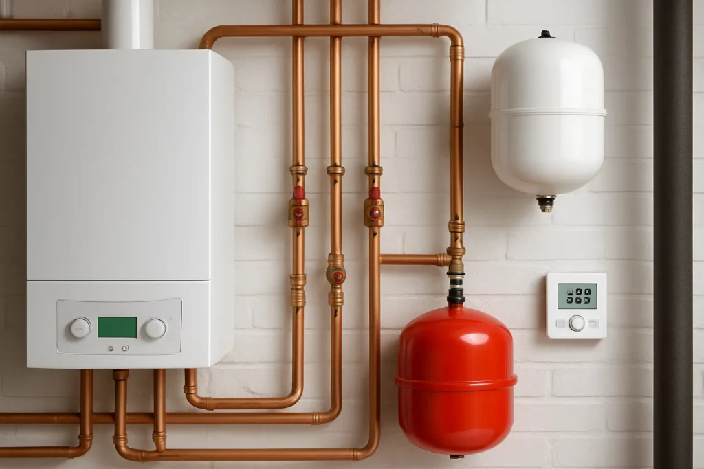 Een installatiemonteur plaatst of onderhoudt een duurzaam verwarmingssysteem in een moderne woning