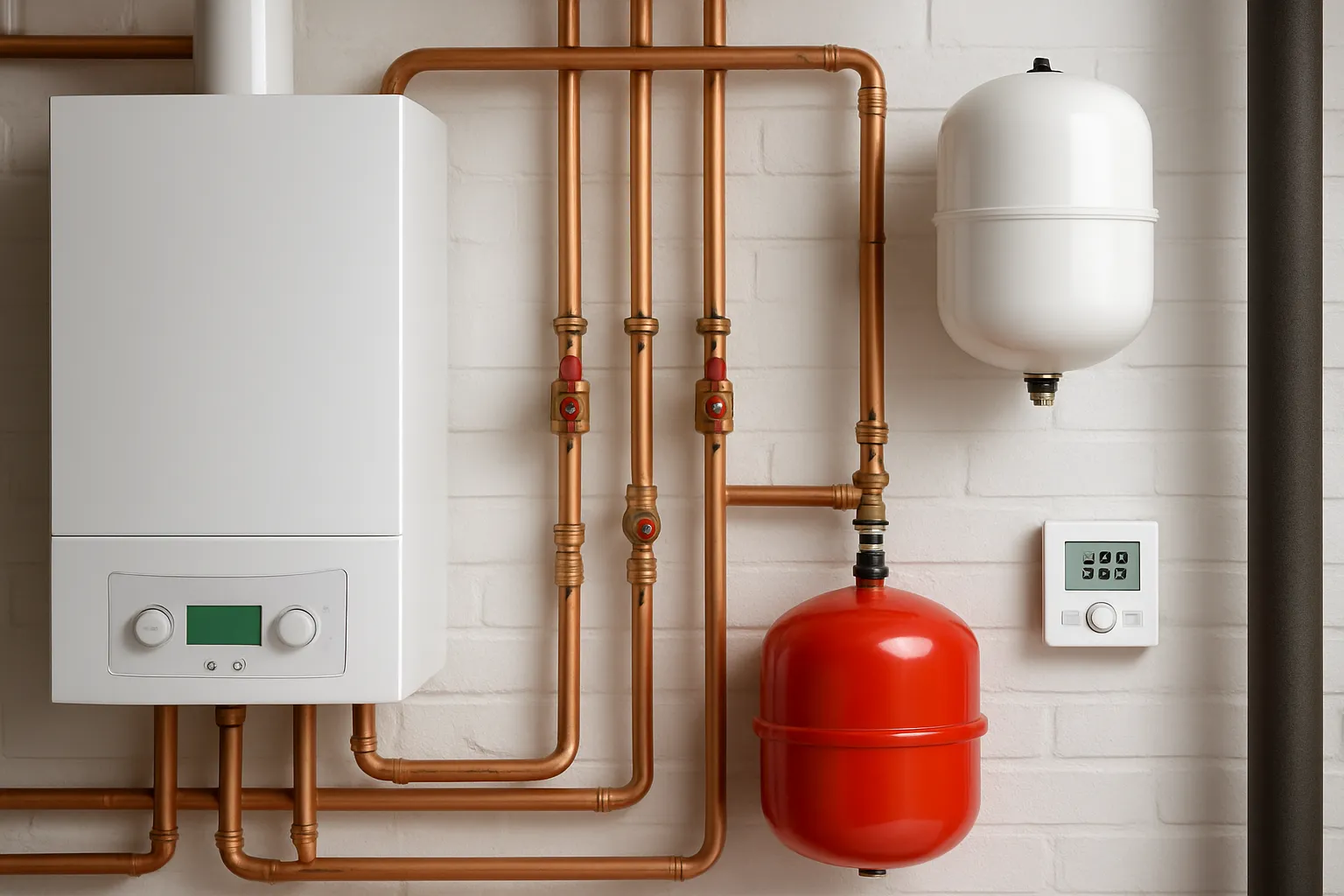 Een installatiemonteur plaatst of onderhoudt een duurzaam verwarmingssysteem in een moderne woning