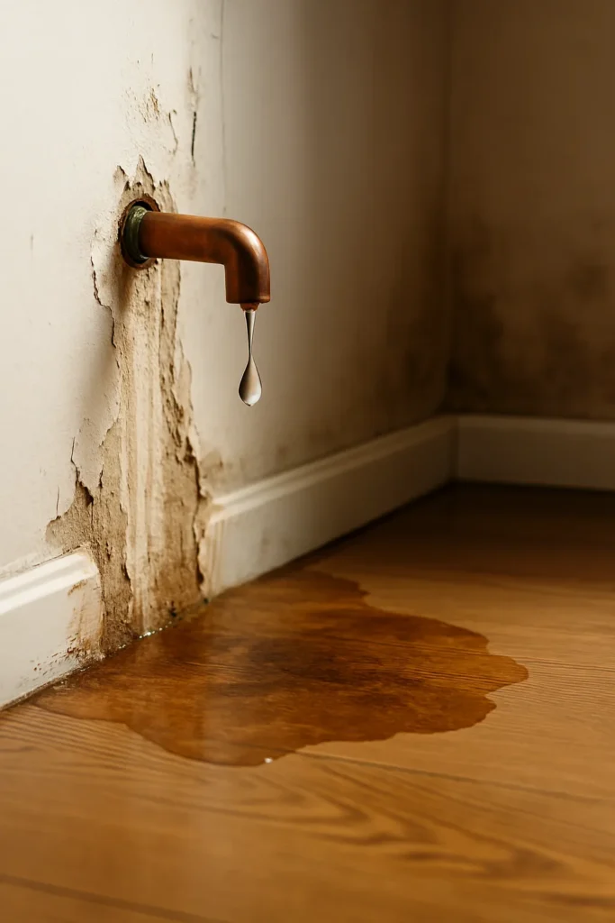 Waterlekkage vanuit koperen leiding in beschadigde muur, met plasvorming op houten vloer en zichtbare schimmelvorming