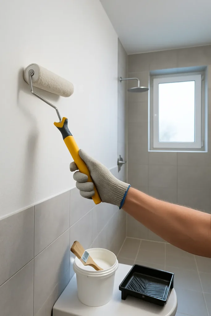 Badkamer in renovatie met schildermaterialen en open raam voor ventilatie tijdens het verven van vochtige muren