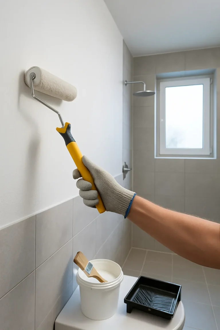 Badkamer in renovatie met schildermaterialen en open raam voor ventilatie tijdens het verven van vochtige muren