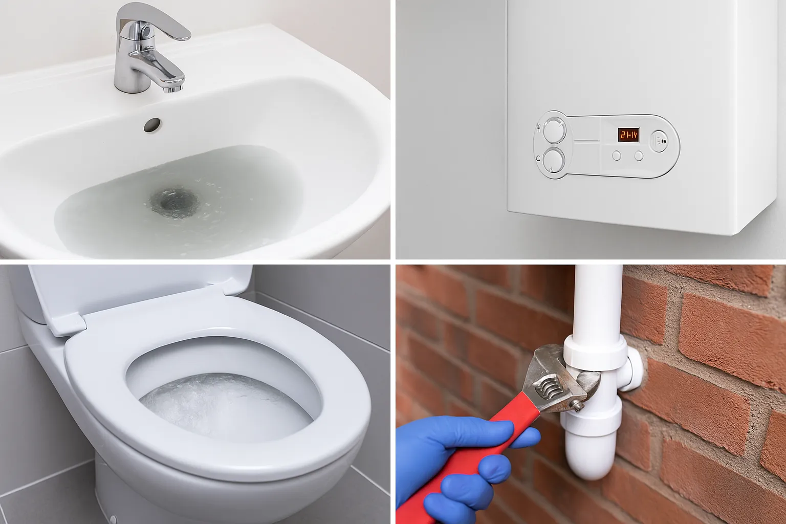 Collage van loodgieterswerk: verstopte wasbak, toilet, lekkende leiding en reparatie aan afvoerbuis