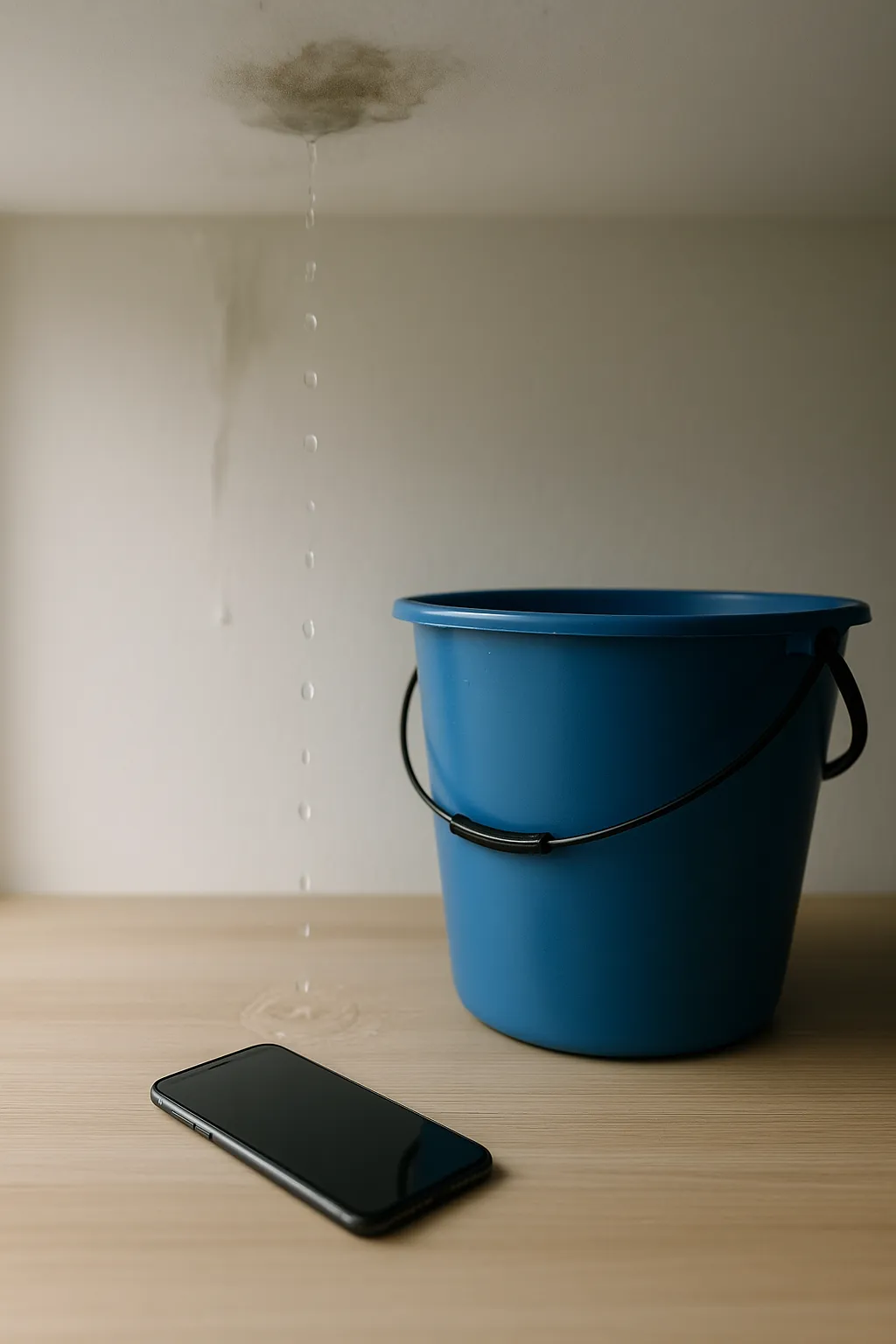 Water lekt uit een plafond in een moderne woning, opgevangen door een blauwe emmer, met een smartphone ernaast op het houten oppervlak.