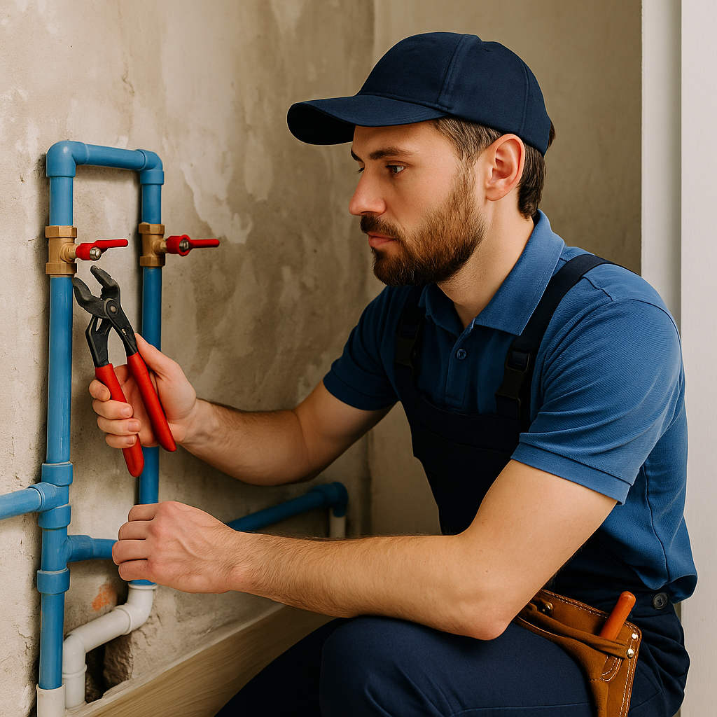 Loodgieter knielt bij een waterleiding in de badkamer en werkt aan een blauwe buis