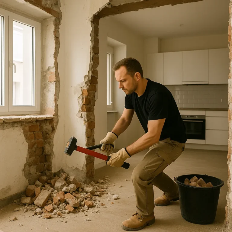 Man voert sloopwerk uit in keuken tijdens renovatie van woning in Utrecht