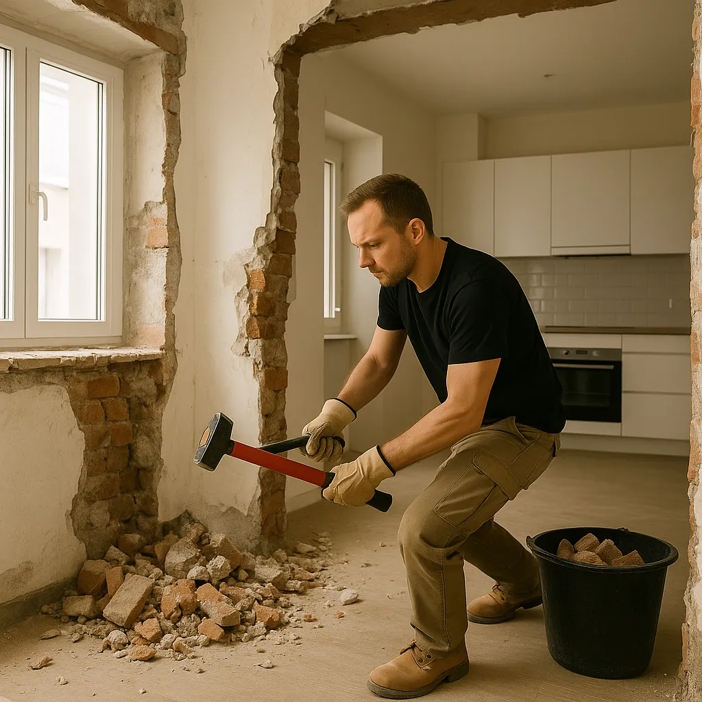 Man voert sloopwerk uit in keuken tijdens renovatie van woning in Utrecht