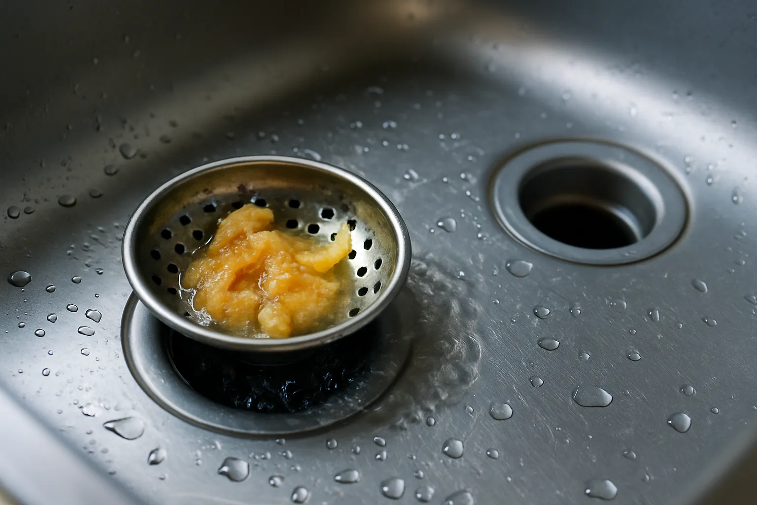 Gootsteenfilter met vetresten en waterdruppels op een roestvrijstalen spoelbak