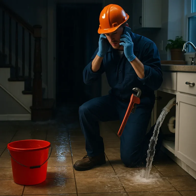 Loodgieter met oranje helm en gereedschap knielt bij een lekkage in een woning en vangt water op in een emmer