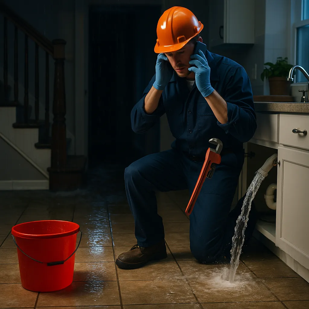 Loodgieter met oranje helm en gereedschap knielt bij een lekkage in een woning en vangt water op in een emmer