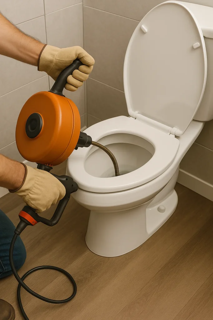 Een loodgieter gebruikt een verenmachine om een verstopt toilet te ontstoppen in een moderne badkamer.