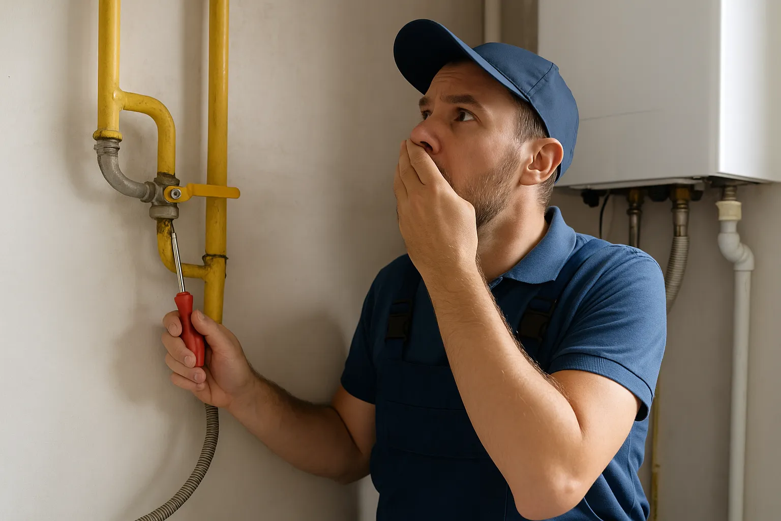 Monteur onderzoekt gasleiding in huis bij mogelijke lekkage.