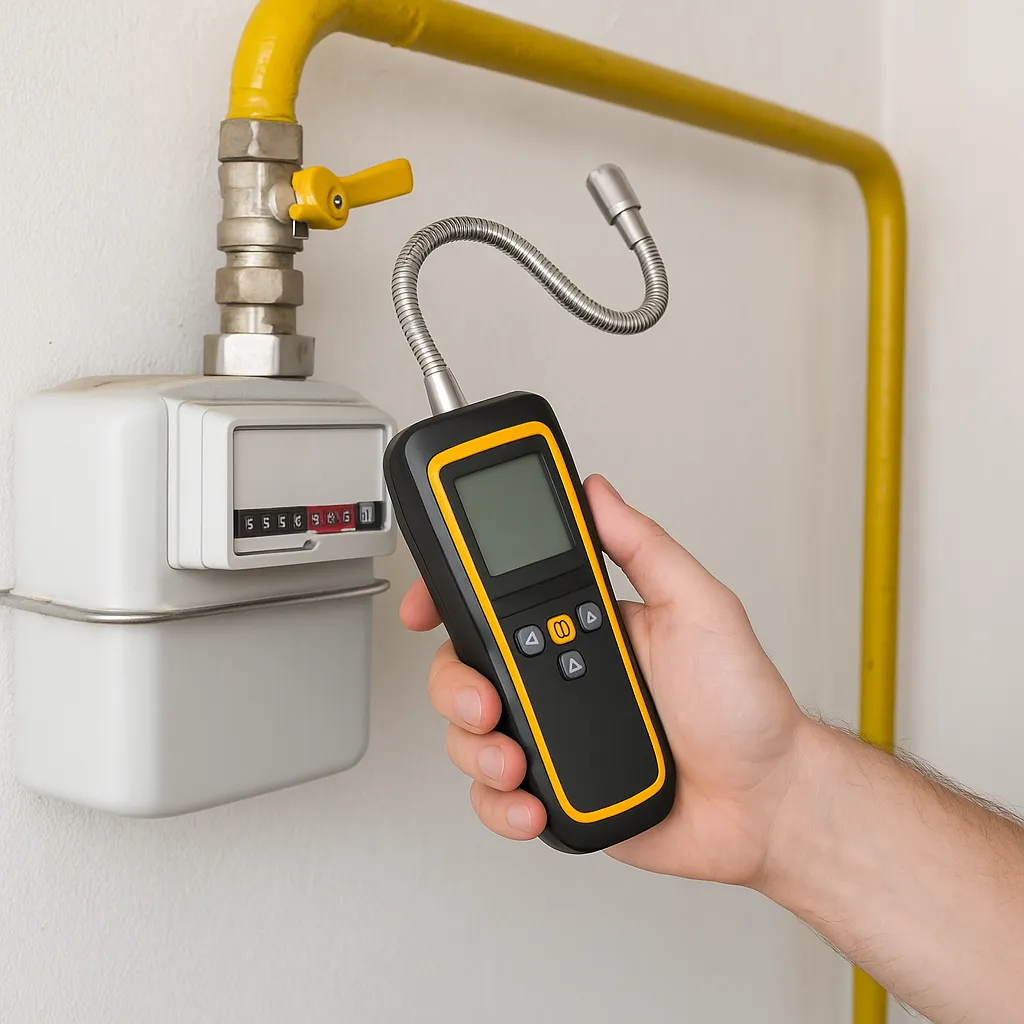 echnicus controleert gasleiding met digitale lekdetector bij gele leiding en gasmeter