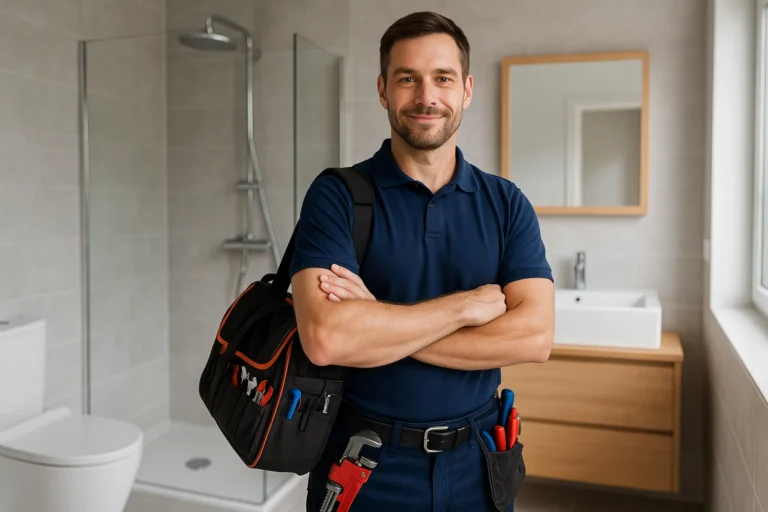 Monteur met gereedschapstas en opgerolde mouwen staat in moderne badkamer klaar voor installatieklus in Utrecht