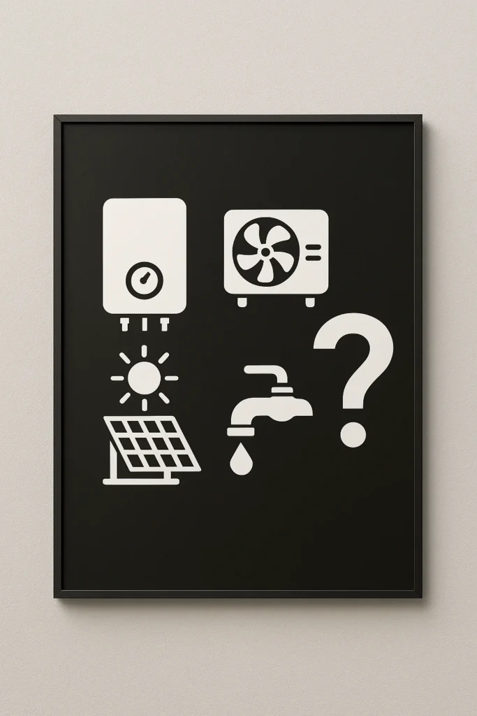 Zes zwarte installatie-iconen op een wit bord, ingelijst in aluminium, aan een donkergrijze wand.