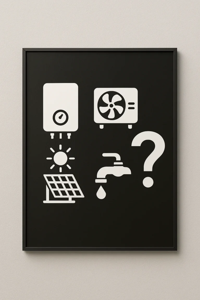 Zes zwarte installatie-iconen op een wit bord, ingelijst in aluminium, aan een donkergrijze wand.