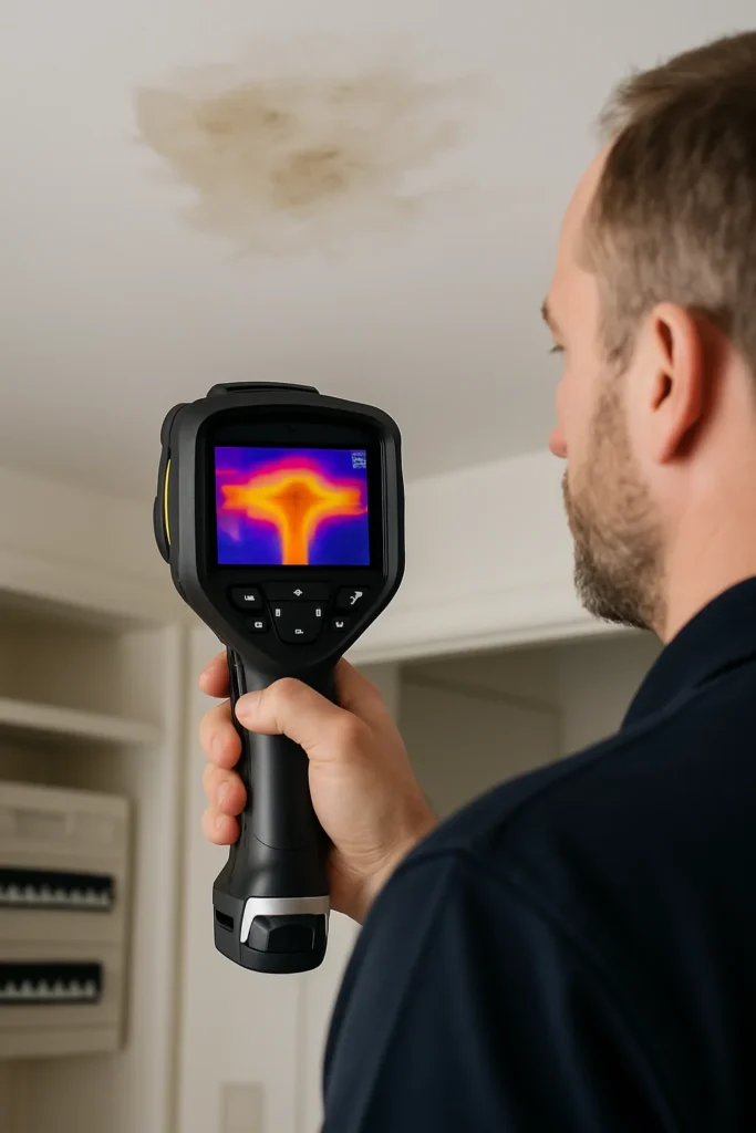 Technicus scant plafond op lekkage met infraroodcamera