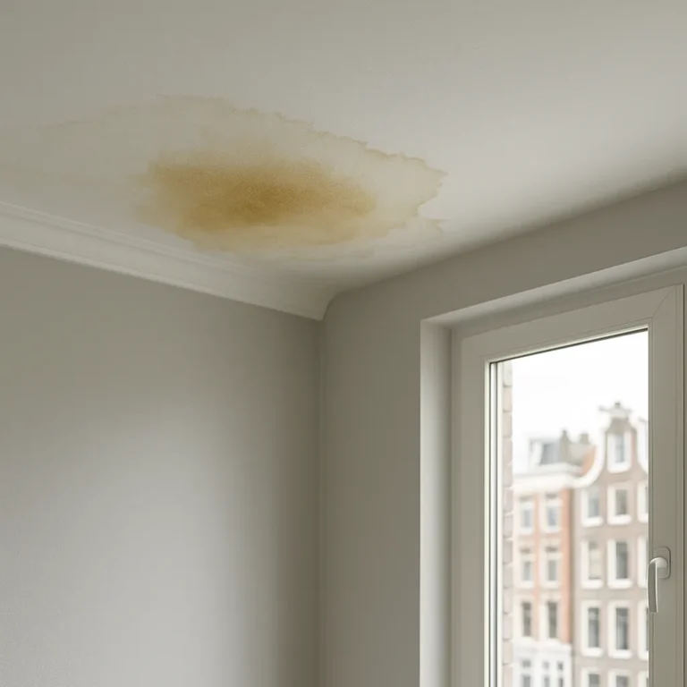 Vochtschade zichtbaar op een wit plafond in een modern huis, met waterkringen bij een binnenmuur