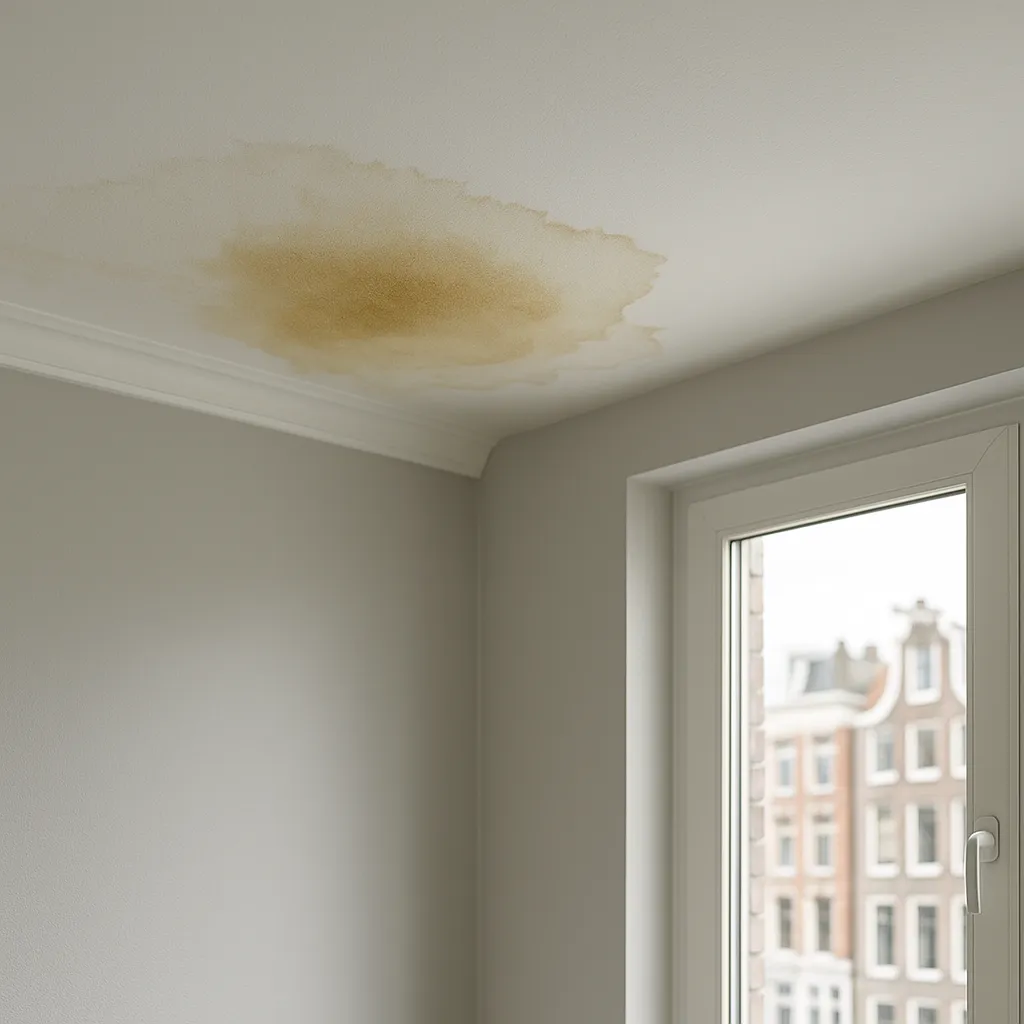Vochtschade zichtbaar op een wit plafond in een modern huis, met waterkringen bij een binnenmuur