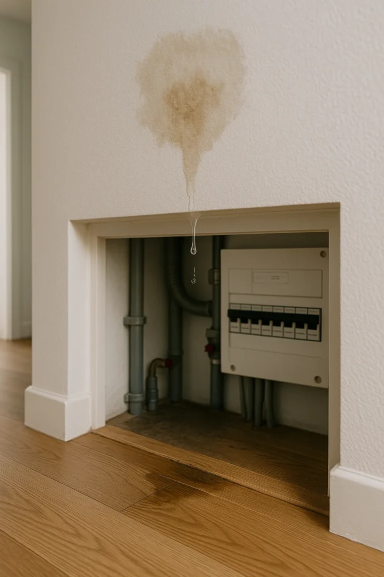 Lekkage bij leiding boven geopende meterkast op parketvloer