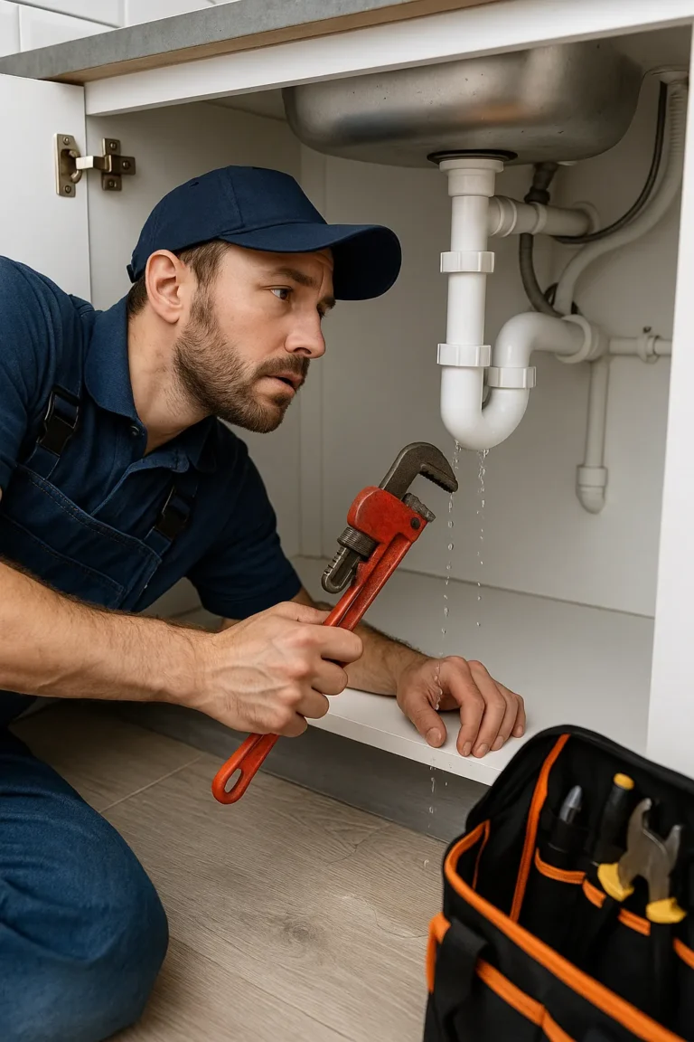 Loodgieter inspecteert lekkende afvoerbuis onder keuken gootsteen