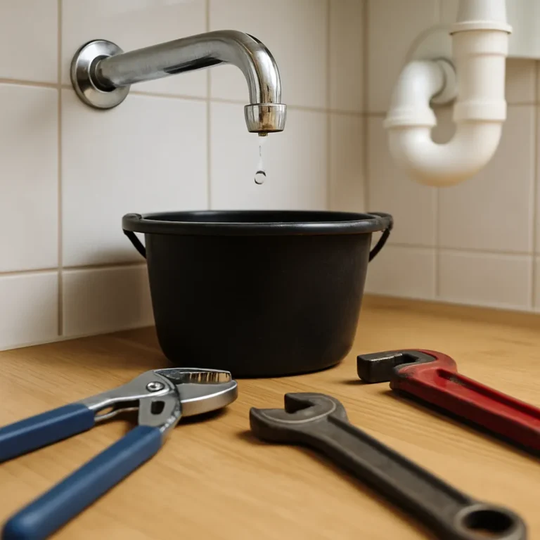 Lekkende kraan boven zwarte emmer met gereedschap op houten vloer in badkamer