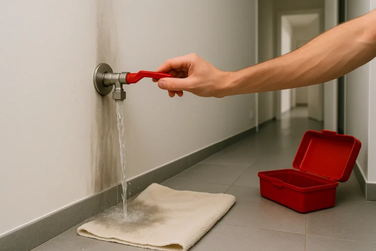 Waterlekkage uit muurkraan met handdoek op vloer en rode gereedschapskist