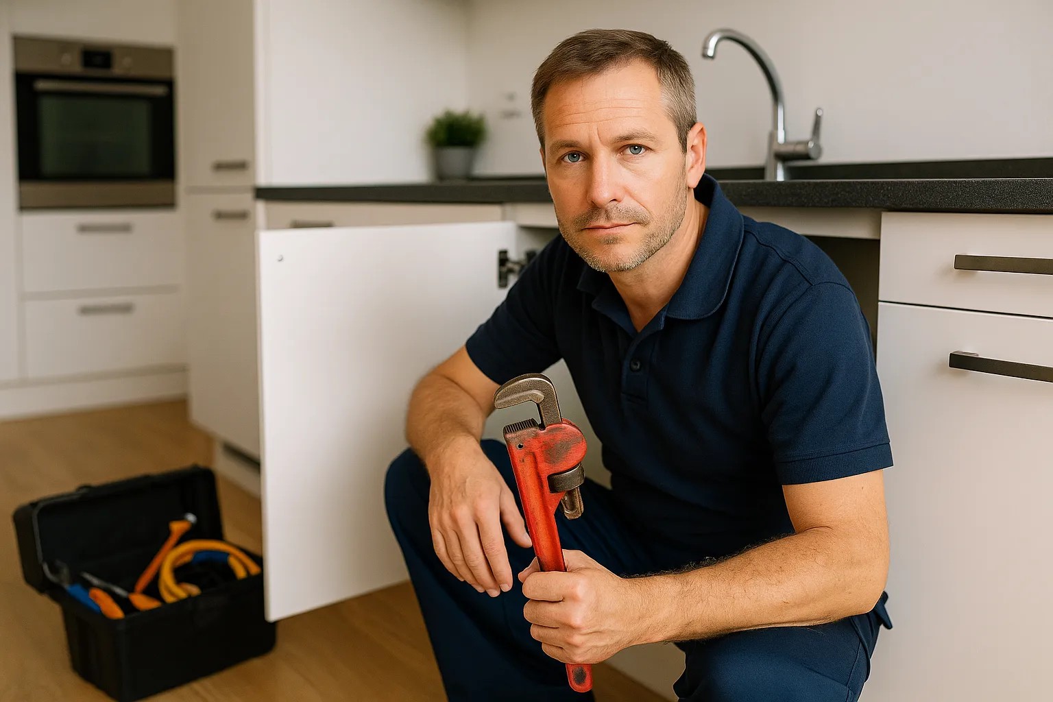 Loodgieter in moderne Utrechtse keuken met gereedschap en open keukenkastje