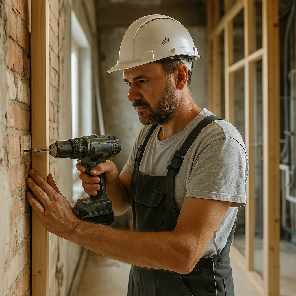 Bouwvakker boort houten lat op bakstenen muur tijdens renovatie van woning