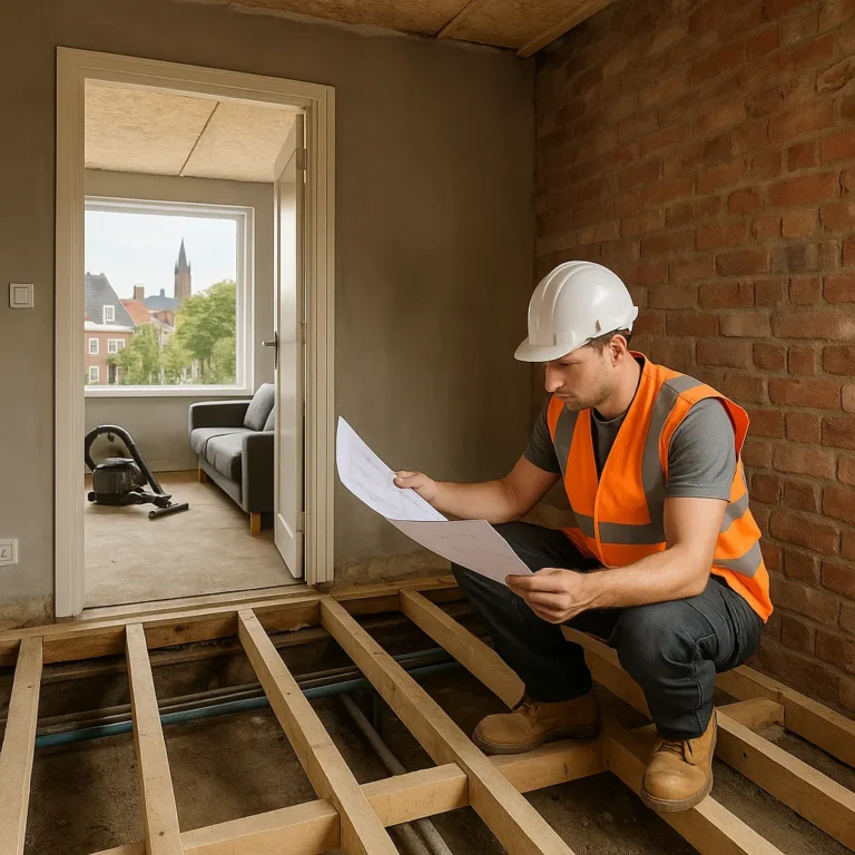Bouwvakker in reflecterend hesje inspecteert vloerbalken tijdens renovatie van een woning in Utrecht