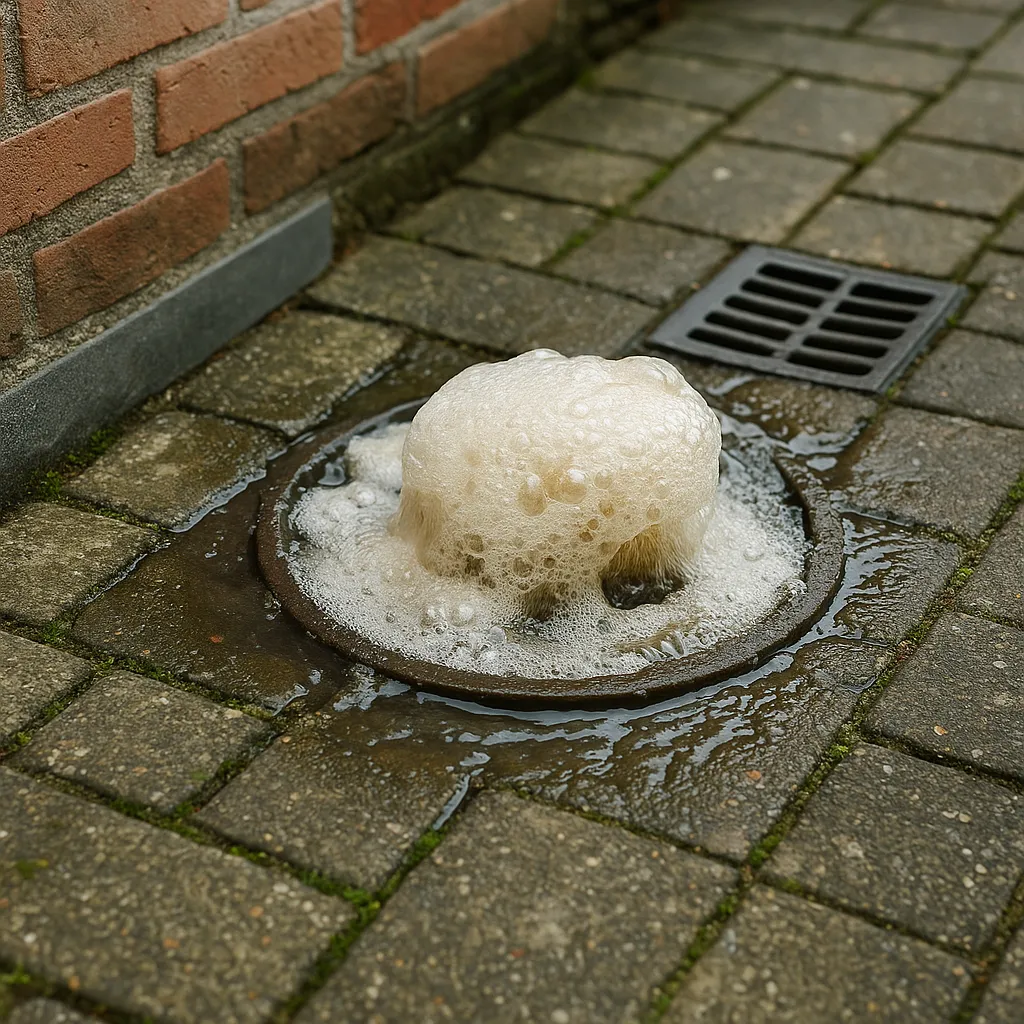 Overstromend riool met schuim op een betegeld terras bij een woningmuur