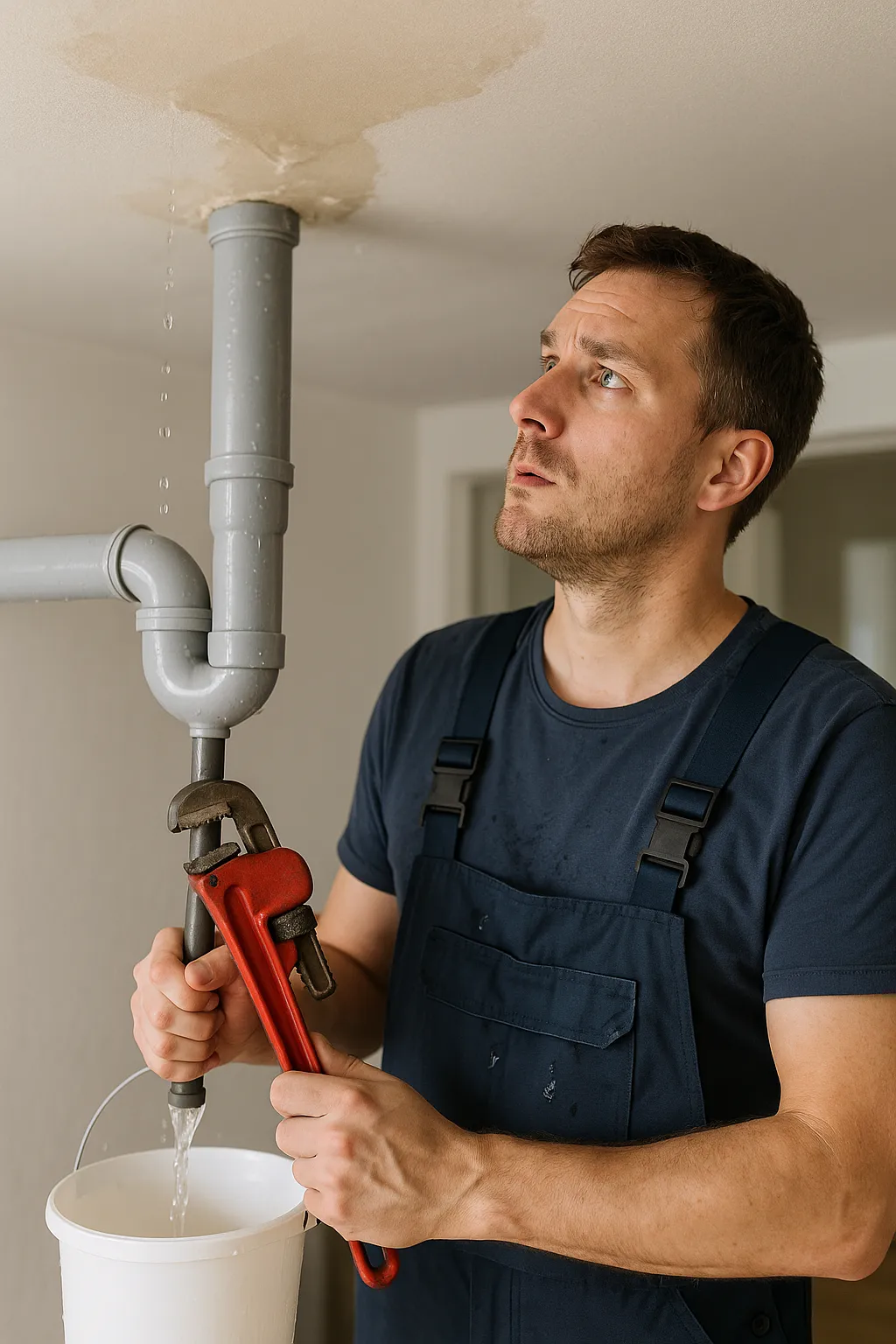 Loodgieter bekijkt lekkend plafond terwijl hij een pijptang vasthoudt onder een lekkende leiding