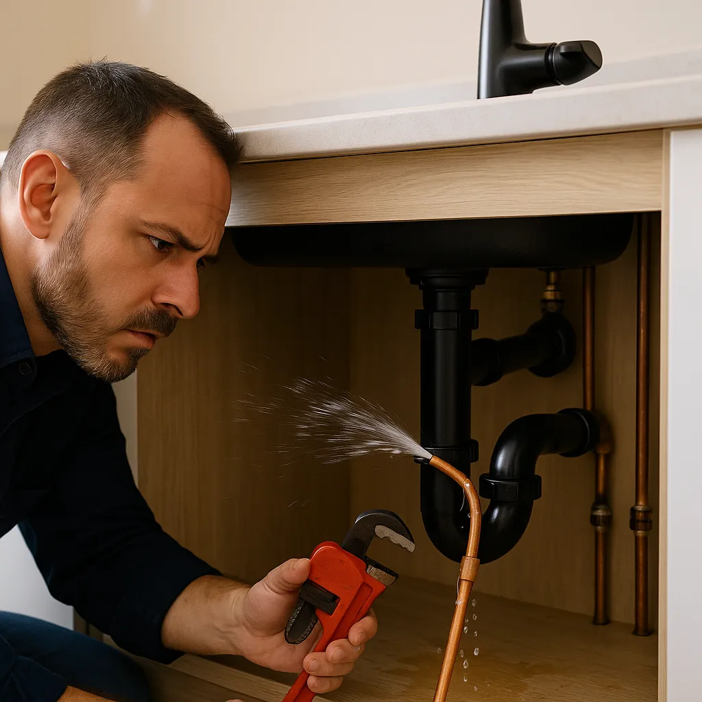 Spoedloodgieter repareert lekkende koperen leiding onder keukenkast met waterstraal tijdens noodsituatie