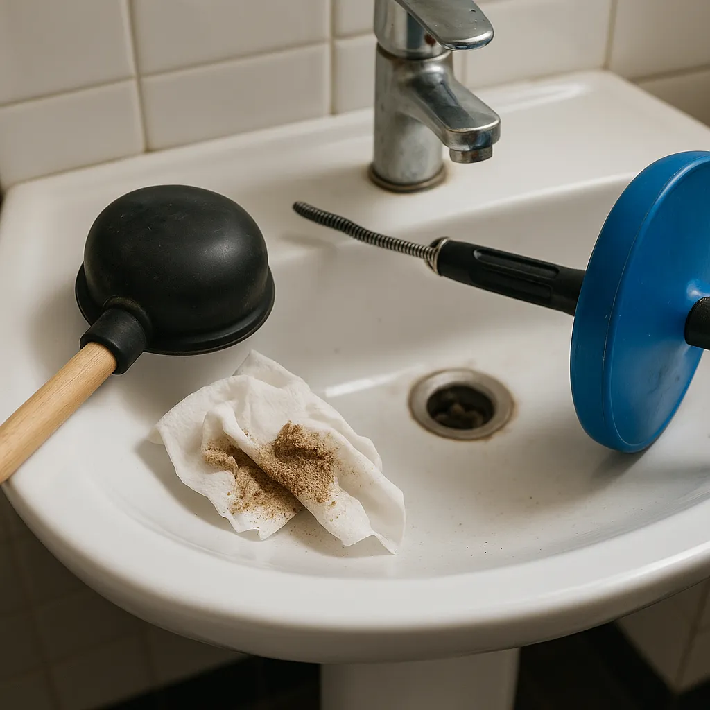 Verstopte wasbak met plopper, ontstoppingsveer en haarprop op een doekje in badkamer