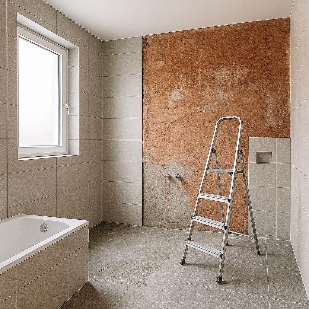 Badkamer in renovatie met nieuwe tegels, ladder en zichtbare afbouwwerkzaamheden