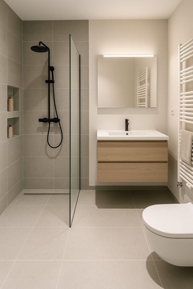 Moderne badkamer met inloopdouche, zwevend wastafelmeubel en handdoekradiator slimme indeling met droge looplijn