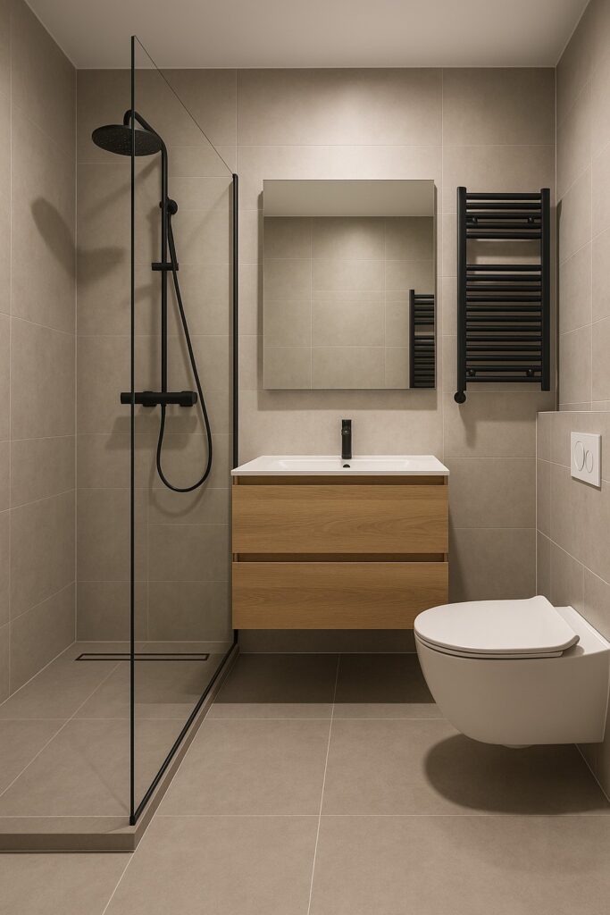 Moderne gerenoveerde badkamer in Utrecht met inloopdouche, houten wastafelmeubel en strakke afwerking.