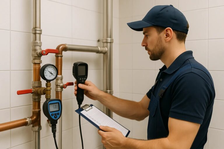 Erkende loodgieter in Utrecht voert druktest en thermografische controle uit op koper- en RVS-leidingen; meetwaarden worden vastgelegd op clipboard.